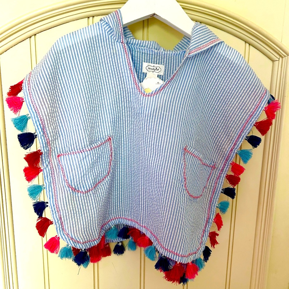 Kids Blue Striped Hooded Poncho with Colorful Tassels